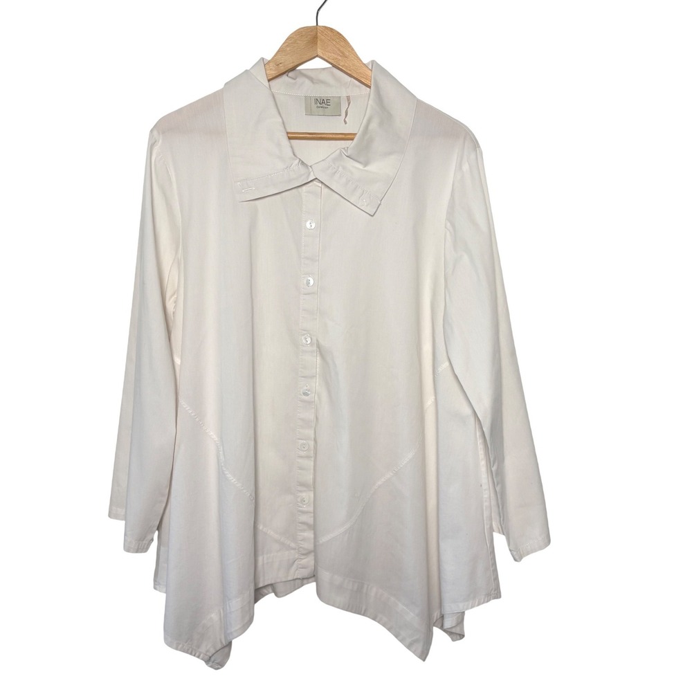 INAE Collection Button Up Shirt White Lagenlook Asymmetrical Cotton Large